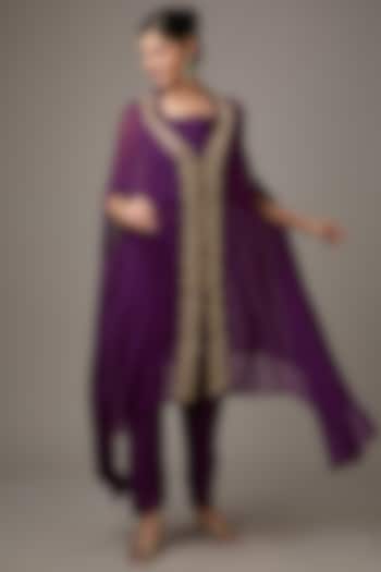 Purple Georgette Hand Embroidered Cape Set by Studio A