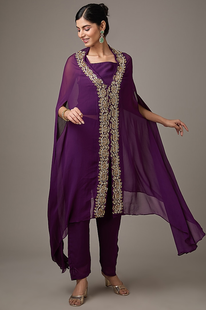 Purple Georgette Hand Embroidered Cape Set by Studio A