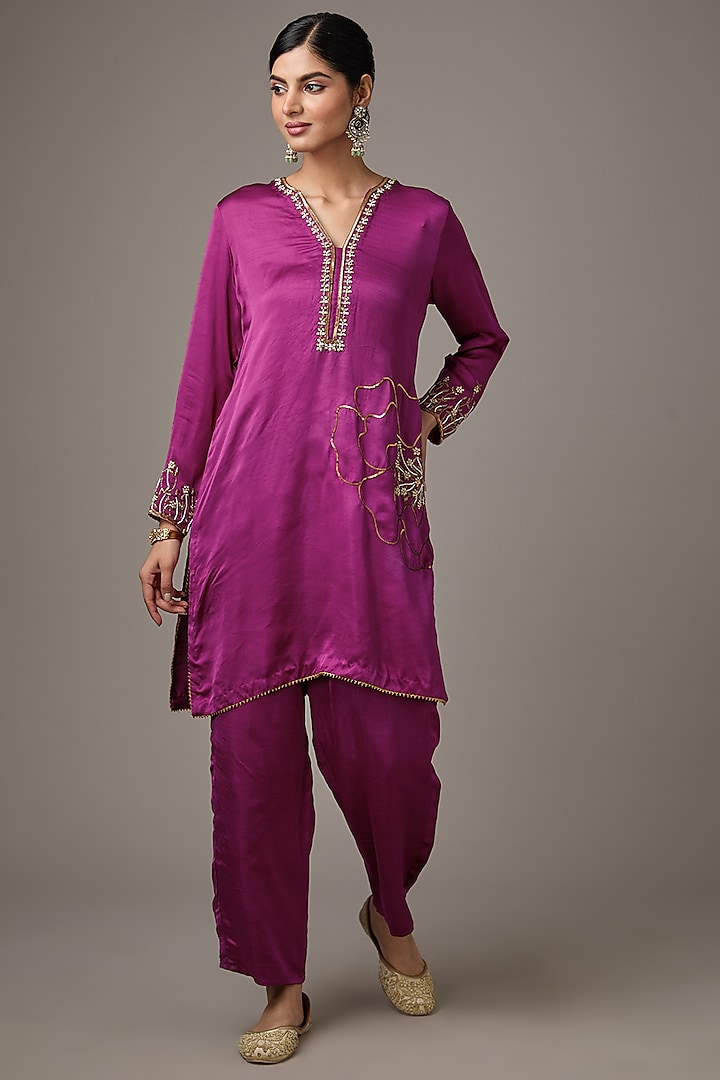 Purple Silk Hand Embroidered Kurta Set by Studio A