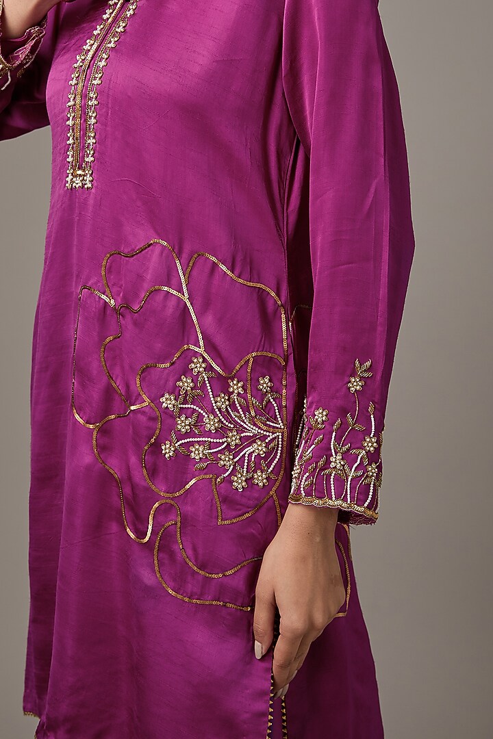 Purple Silk Hand Embroidered Kurta Set by Studio A at Pernia's Pop Up Shop