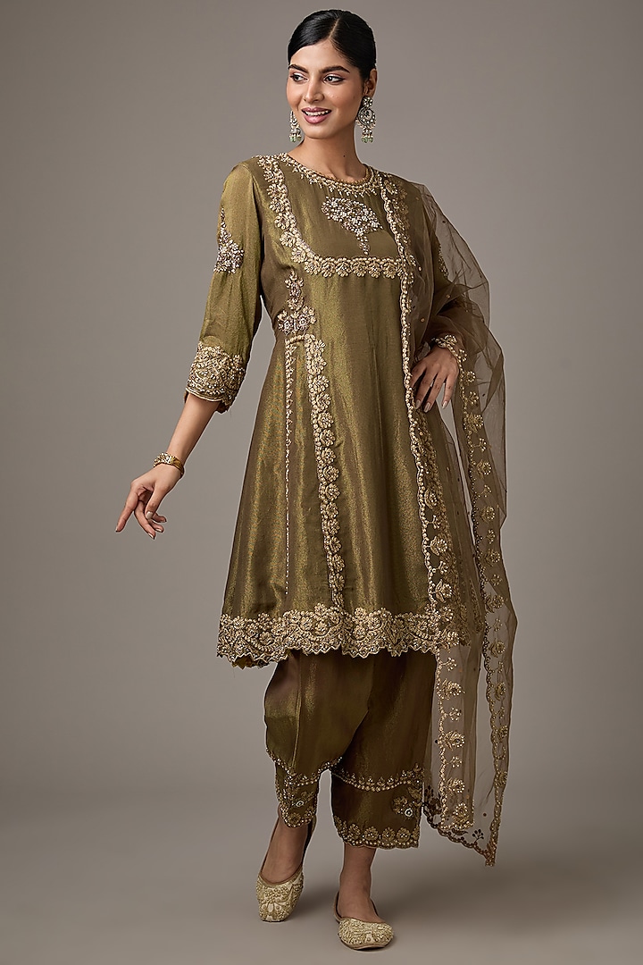 Green Tissue Dori Hand Embroidered A-lIne Short Anarkali Set by Studio A at Pernia's Pop Up Shop