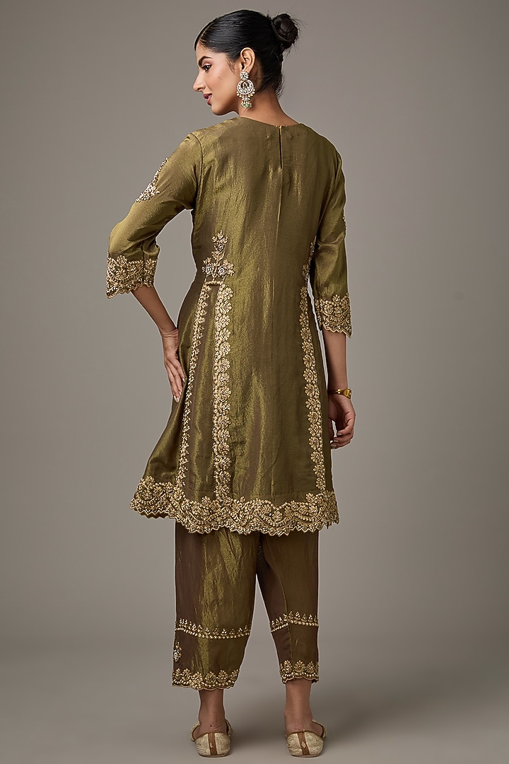 Green Tissue Dori Hand Embroidered A-lIne Short Wedding Anarkali Set by Studio A at Pernia's Pop Up Shop