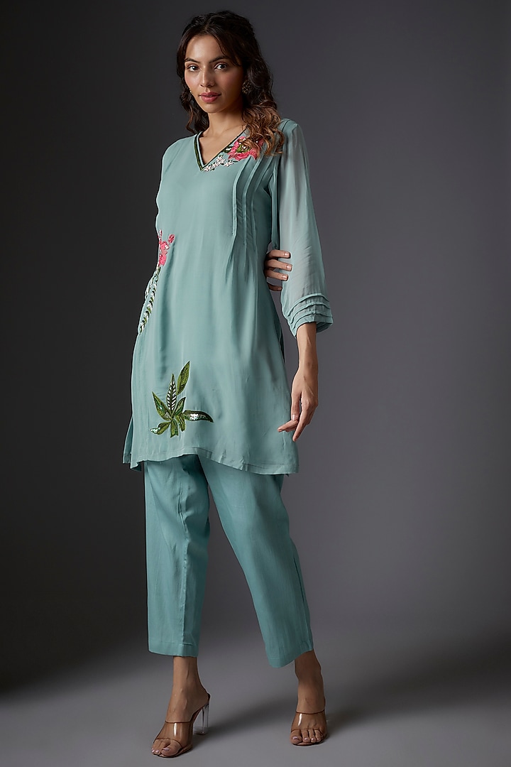 Ice Blue Georgette Embroidered Co-Ord Set by Studio A