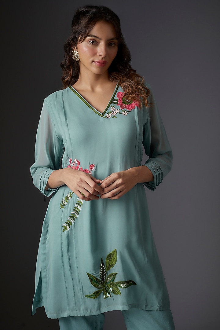 Ice Blue Georgette Embroidered Co-Ord Set by Studio A at Pernia's Pop Up Shop