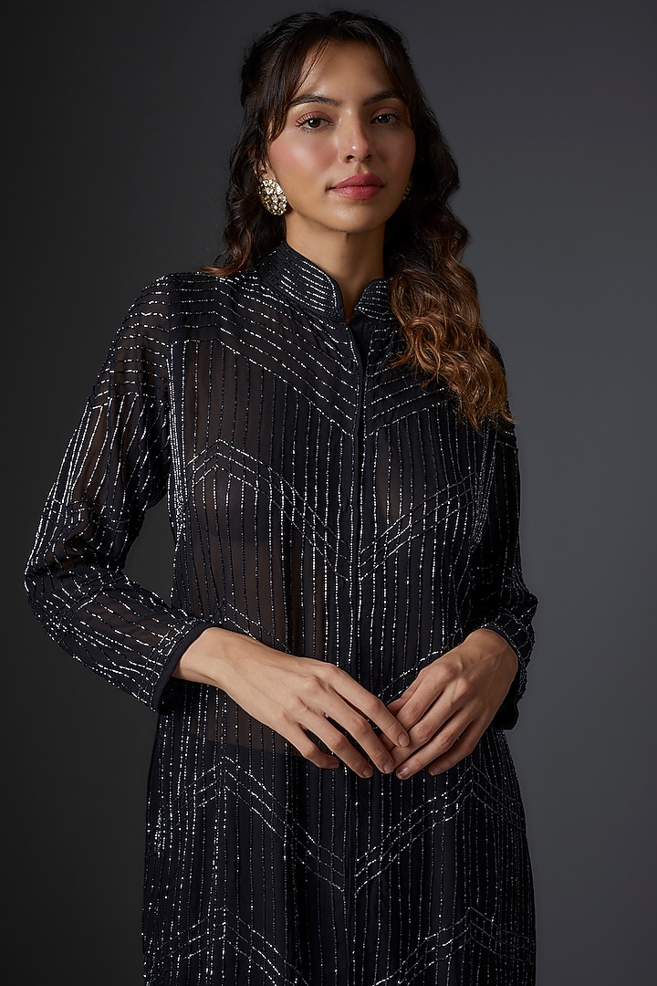Black Georgette Embroidered Jacket Set by Studio A at Pernia's Pop Up Shop