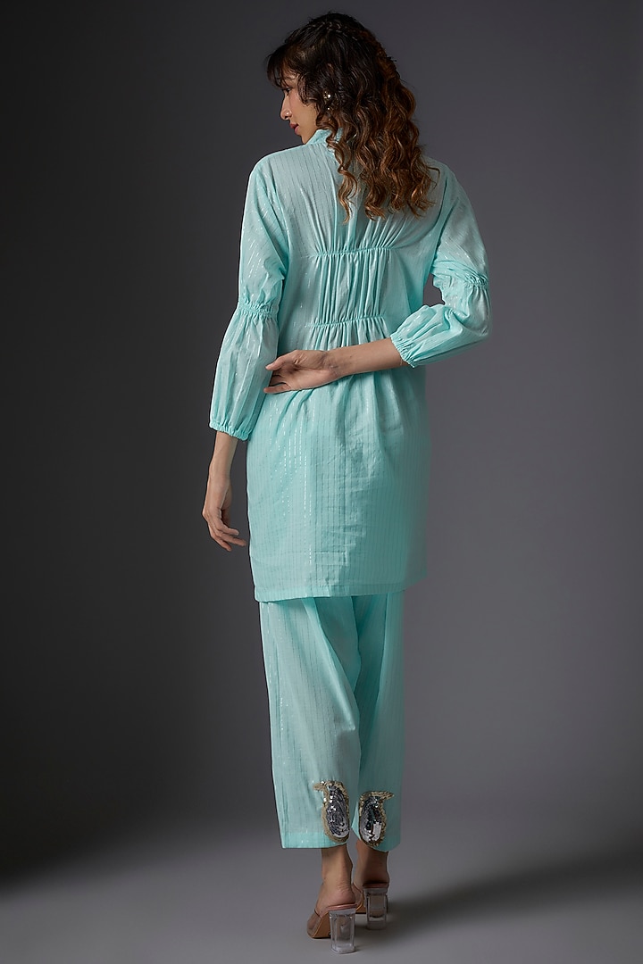 Blue Cotton Lurex Embellished Co-Ord Set by Studio A at Pernia's Pop Up Shop