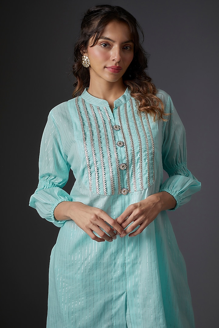 Blue Cotton Lurex Embellished Co-Ord Set by Studio A at Pernia's Pop Up Shop
