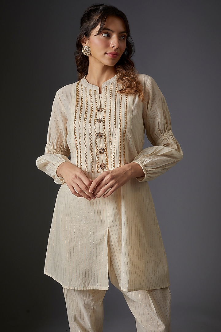 Ivory Cotton Lurex Embroidered Co-Ord Set by Studio A at Pernia's Pop Up Shop