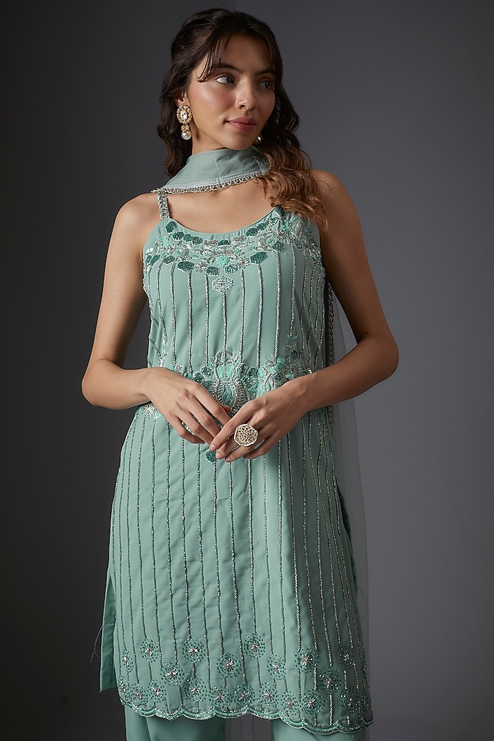 Blue Georgette Hand Embroidered Kurta Set by Studio A at Pernia's Pop Up Shop