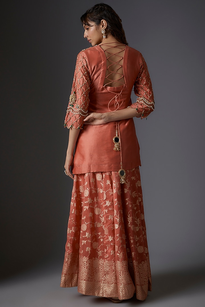 Peach Banarasi Wedding Sharara Set by Studio A at Pernia's Pop Up Shop