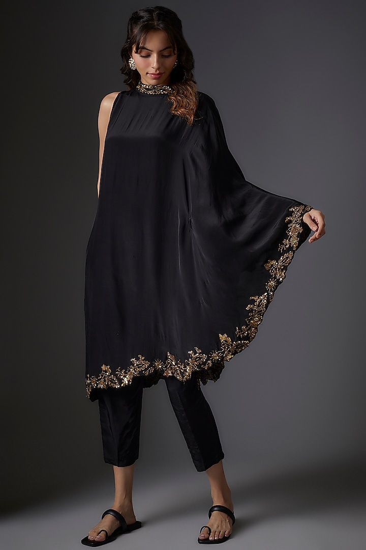 Black Crepe Embroidered Cape Set by Studio A