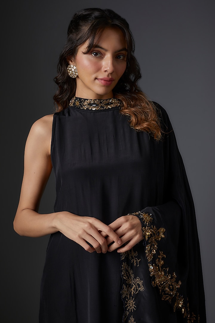 Black Crepe Embroidered Cape Set by Studio A at Pernia's Pop Up Shop