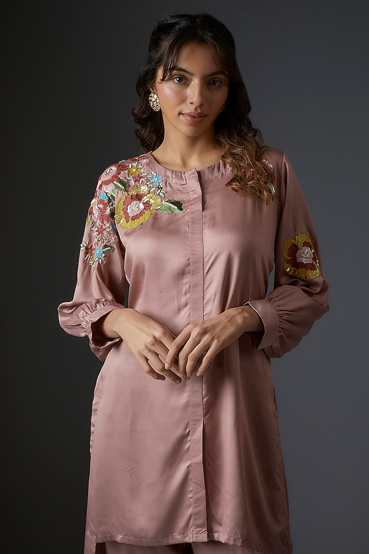 Mauve Cotton Muslin Embroidered Co-Ord Set by Studio A at Pernia's Pop Up Shop