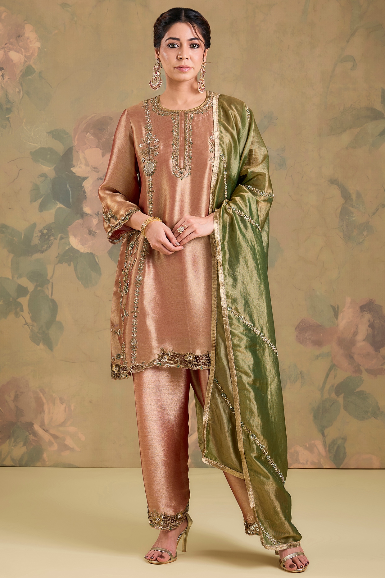 Studio A Peach-Orange Tissue Dabka Handwork Kurta Set