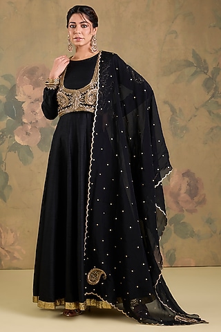 Black Silk Zardosi Handwork Anarkali Set by Studio A
