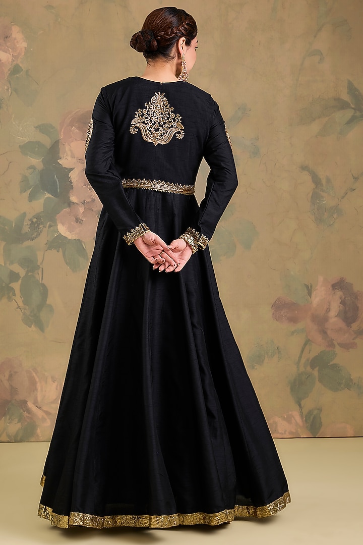 Black Silk Zardosi Handwork Wedding Anarkali Set by Studio A at Pernia's Pop Up Shop