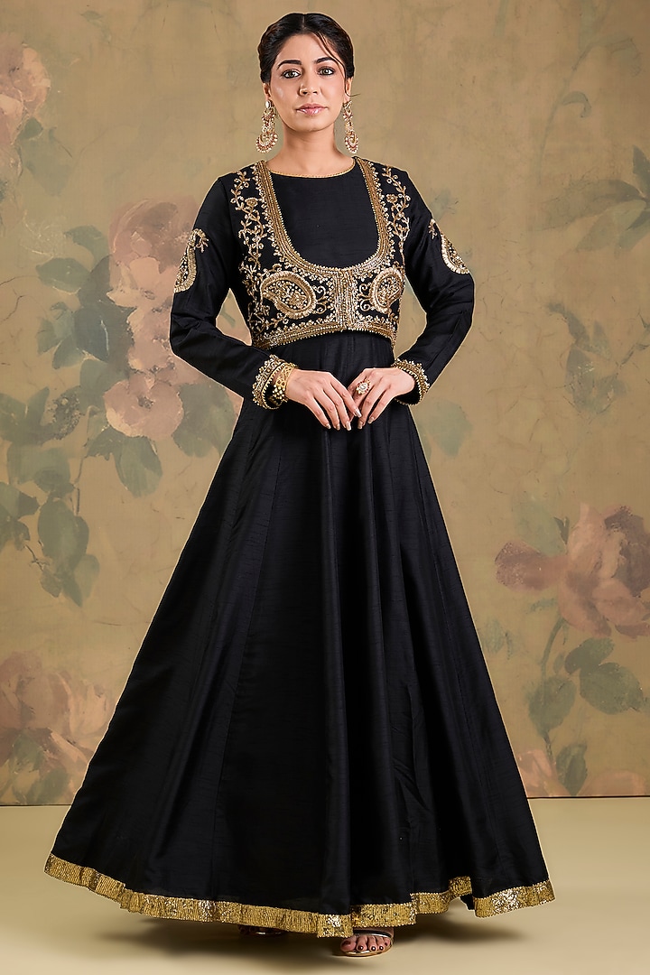 Black Silk Zardosi Handwork Wedding Anarkali Set by Studio A at Pernia's Pop Up Shop