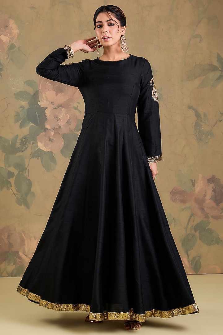 Black Silk Zardosi Handwork Wedding Anarkali Set by Studio A at Pernia's Pop Up Shop