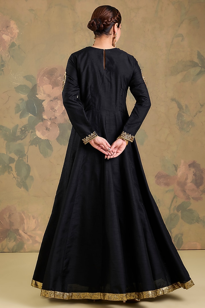 Black Silk Zardosi Handwork Wedding Anarkali Set by Studio A at Pernia's Pop Up Shop