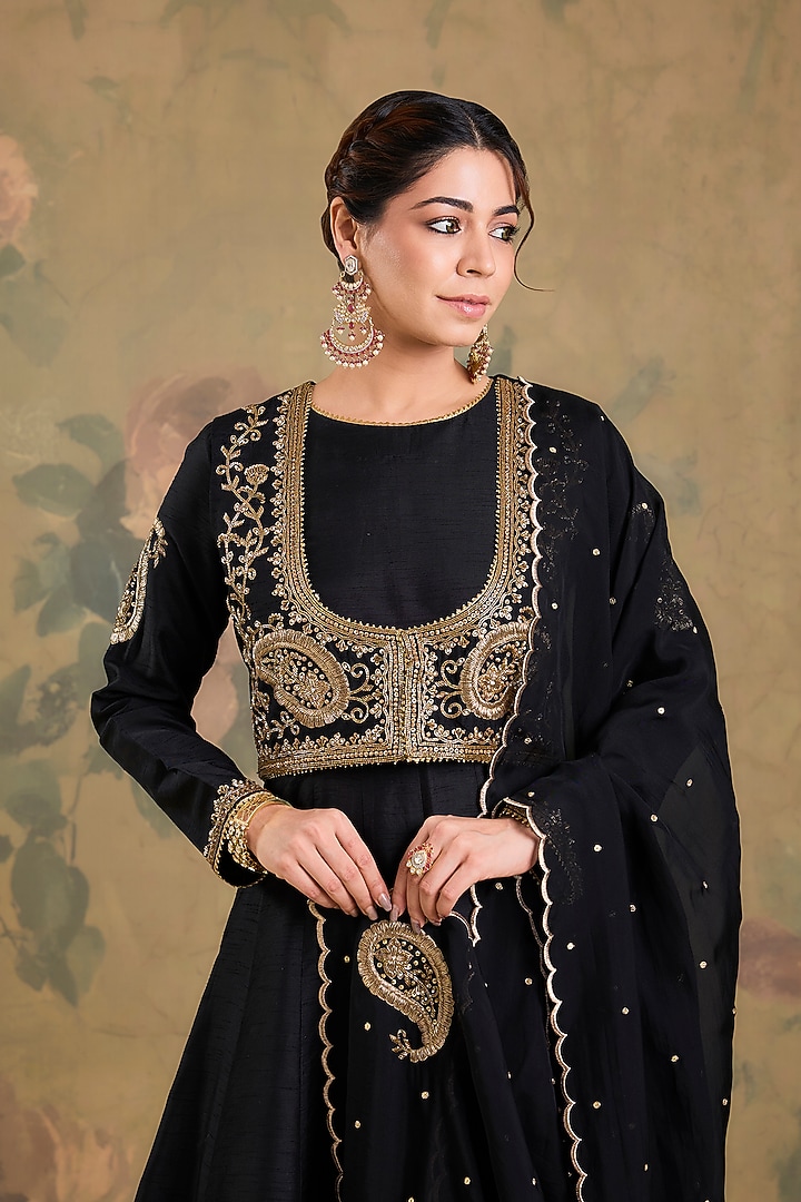 Black Silk Zardosi Handwork Wedding Anarkali Set by Studio A at Pernia's Pop Up Shop