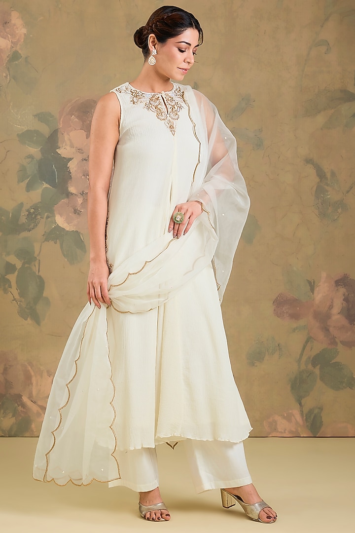 Ivory Chinon Cotton Handwork Party Wear Anarkali Set by Studio A at Pernia's Pop Up Shop