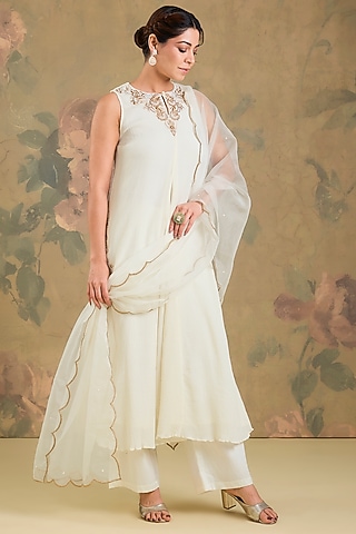Ivory Chinon Cotton Handwork Anarkali Set by Studio A