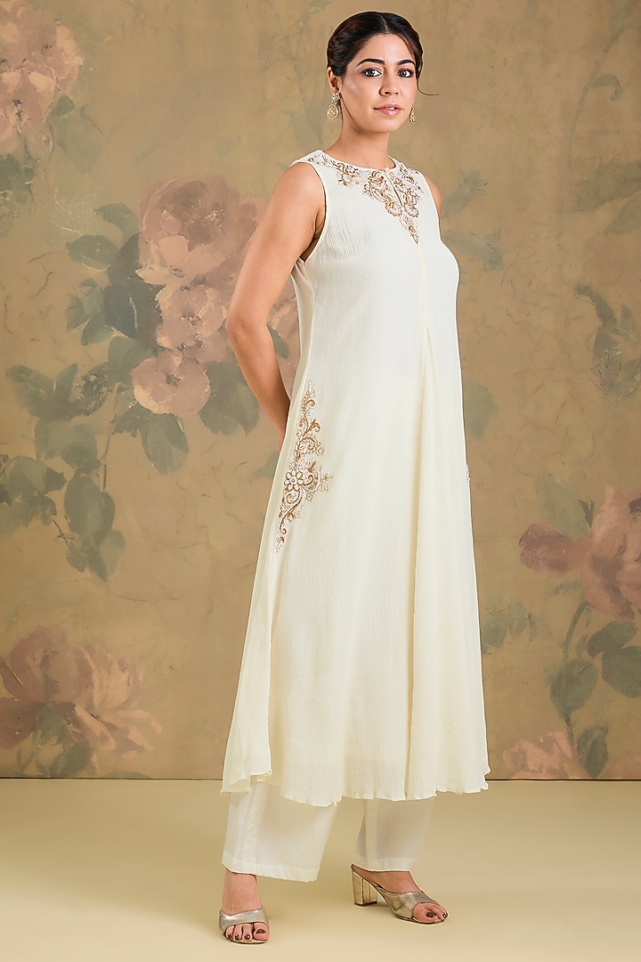 Ivory Chinon Cotton Handwork Party Wear Anarkali Set by Studio A at Pernia's Pop Up Shop