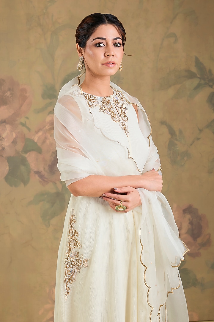 Ivory Chinon Cotton Handwork Party Wear Anarkali Set by Studio A at Pernia's Pop Up Shop