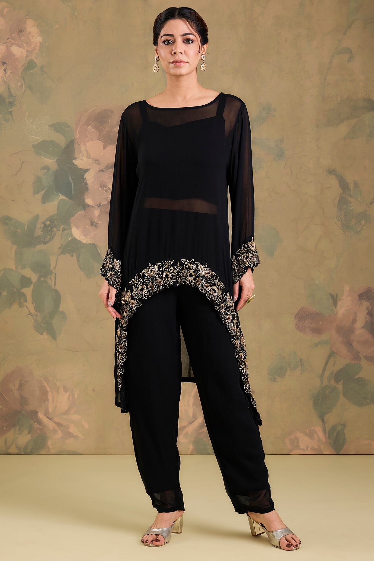 Studio A Black Georgette Handwork Embroidered Asymmetric Kurta Set