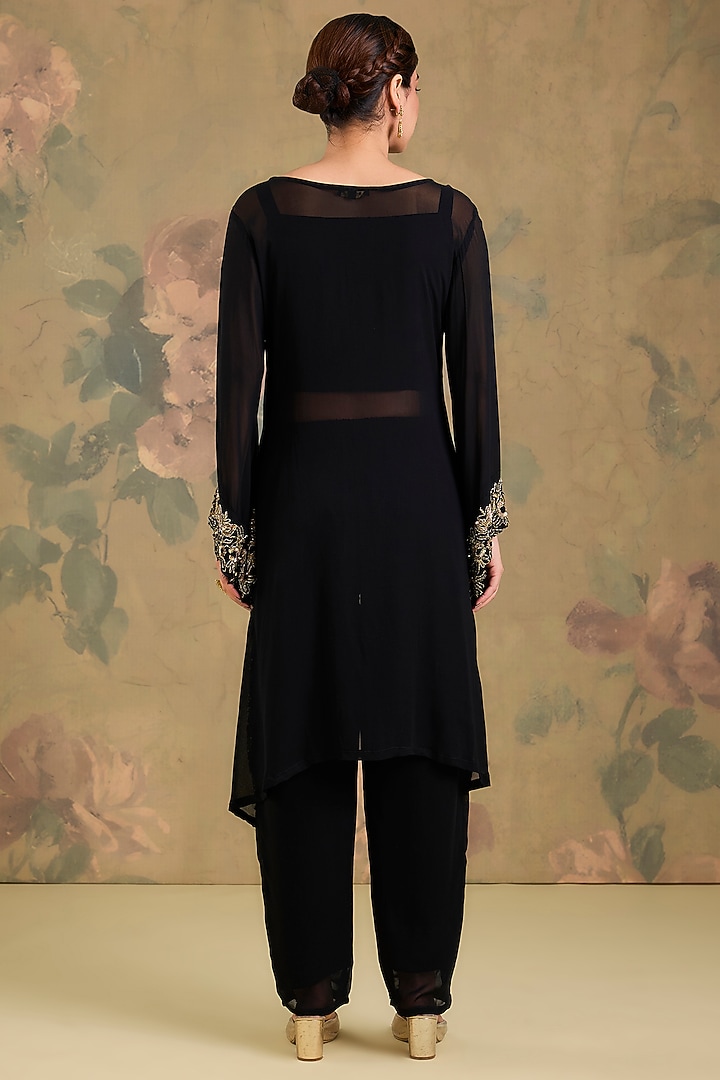 Black Georgette Handwork Embroidered Asymmetric Kurta Set by Studio A at Pernia's Pop Up Shop