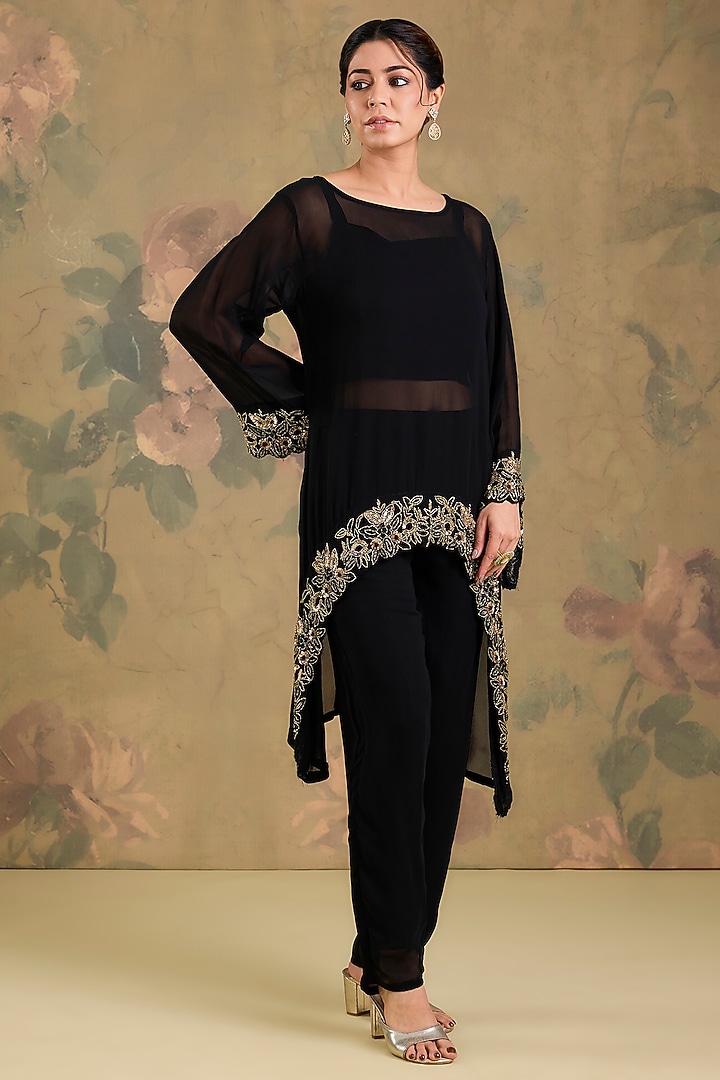Black Georgette Handwork Embroidered Asymmetric Kurta Set by Studio A at Pernia's Pop Up Shop