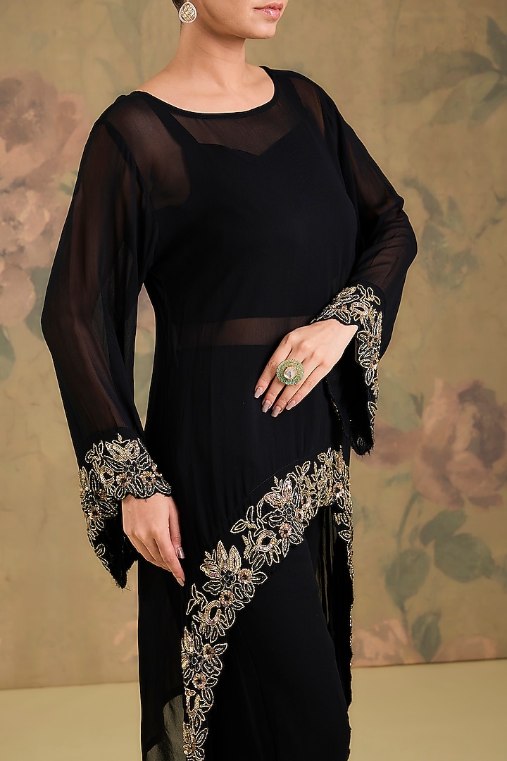 Black Georgette Handwork Embroidered Asymmetric Kurta Set by Studio A at Pernia's Pop Up Shop