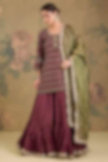 Dark Magenta Tissue Wedding Sharara Set by Studio A at Pernia's Pop Up Shop
