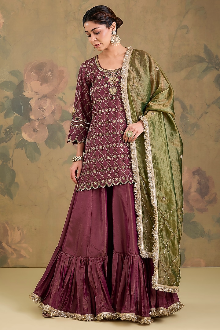 Dark Magenta Tissue Wedding Sharara Set by Studio A at Pernia's Pop Up Shop