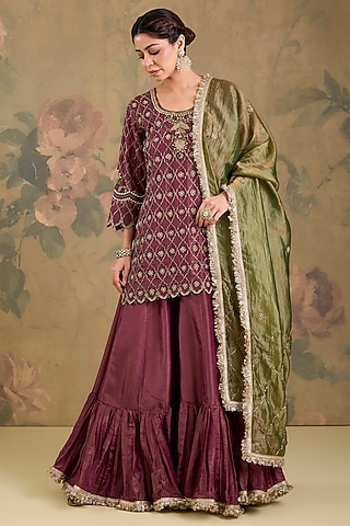 Dark Magenta Tissue Sharara Set by Studio A