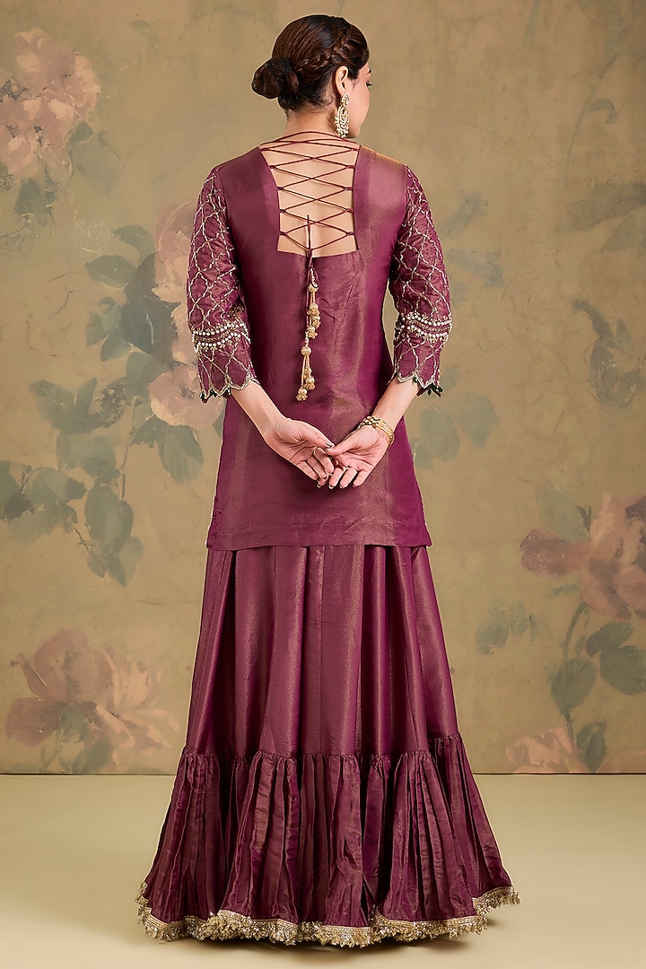 Dark Magenta Tissue Wedding Sharara Set by Studio A at Pernia's Pop Up Shop