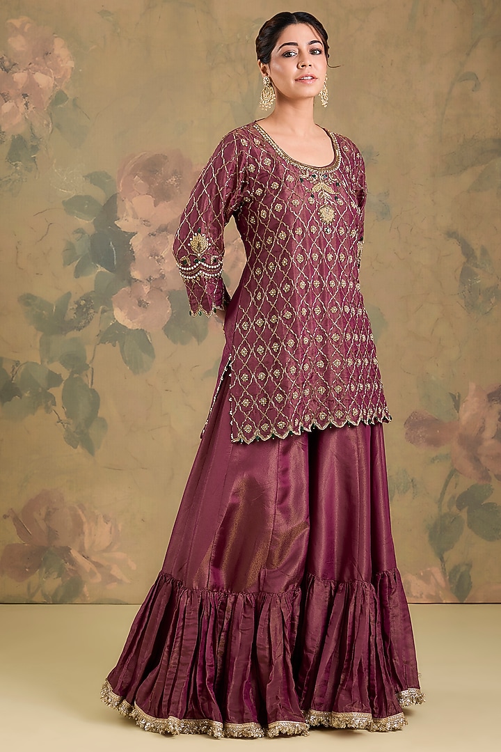 Dark Magenta Tissue Wedding Sharara Set by Studio A at Pernia's Pop Up Shop
