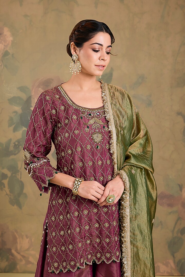 Dark Magenta Tissue Wedding Sharara Set by Studio A at Pernia's Pop Up Shop