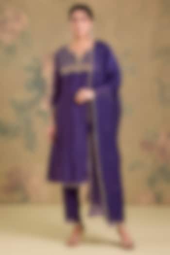 Purple Mul Chanderi Cutdana Handwork Wedding Anarkali Set by Studio A at Pernia's Pop Up Shop