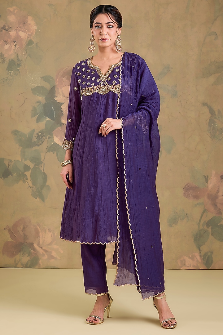 Purple Mul Chanderi Cutdana Handwork Wedding Anarkali Set by Studio A at Pernia's Pop Up Shop