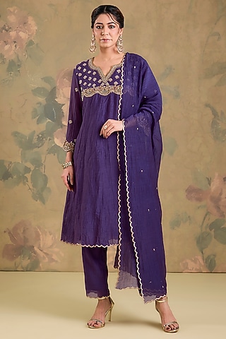 Purple Mul Chanderi Cutdana Handwork Anarkali Set by Studio A