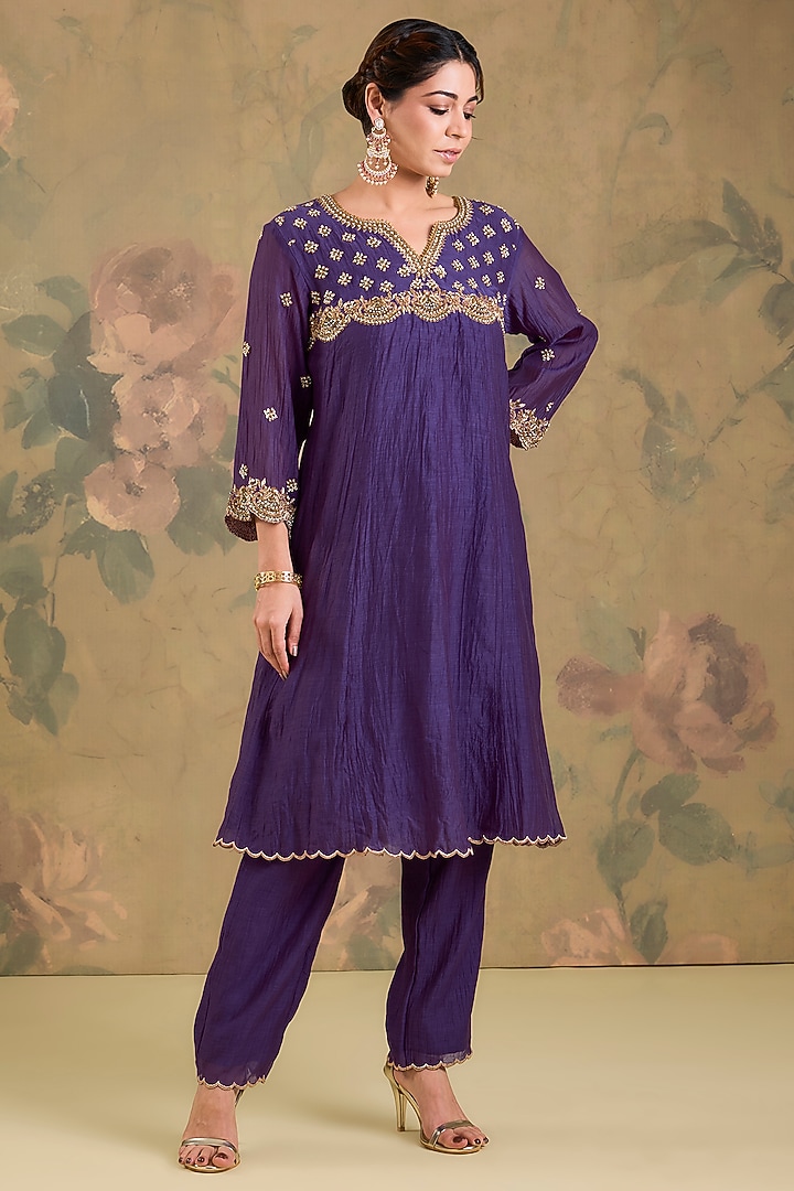 Purple Mul Chanderi Cutdana Handwork Wedding Anarkali Set by Studio A at Pernia's Pop Up Shop