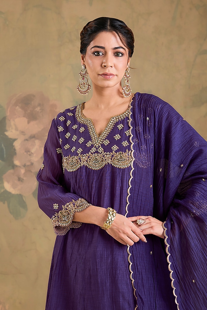 Purple Mul Chanderi Cutdana Handwork Wedding Anarkali Set by Studio A at Pernia's Pop Up Shop