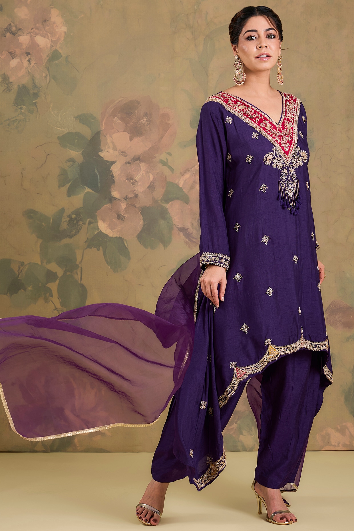 Studio A Purple Silk Dabka Embroidered Asymmetric Kurta Set