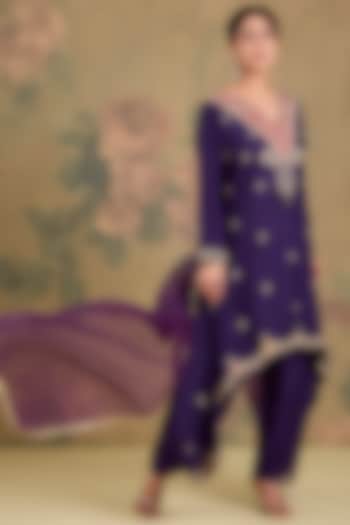 Purple Silk Dabka Embroidered Asymmetric Kurta Set by Studio A at Pernia's Pop Up Shop