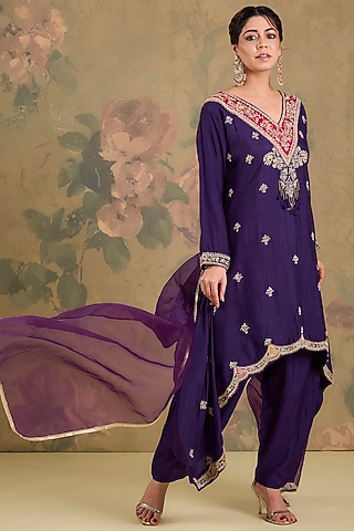 Purple Silk Dabka Embroidered Asymmetric Kurta Set by Studio A