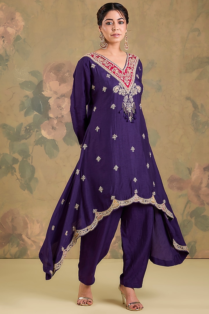 Purple Silk Dabka Embroidered Asymmetric Kurta Set by Studio A at Pernia's Pop Up Shop