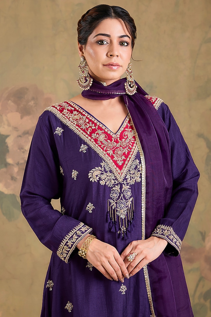 Purple Silk Dabka Embroidered Asymmetric Kurta Set by Studio A at Pernia's Pop Up Shop