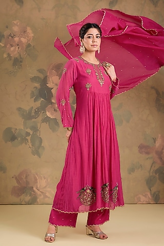 Magenta Mul Chanderi Cutdana Embroidered Anarkali Set by Studio A
