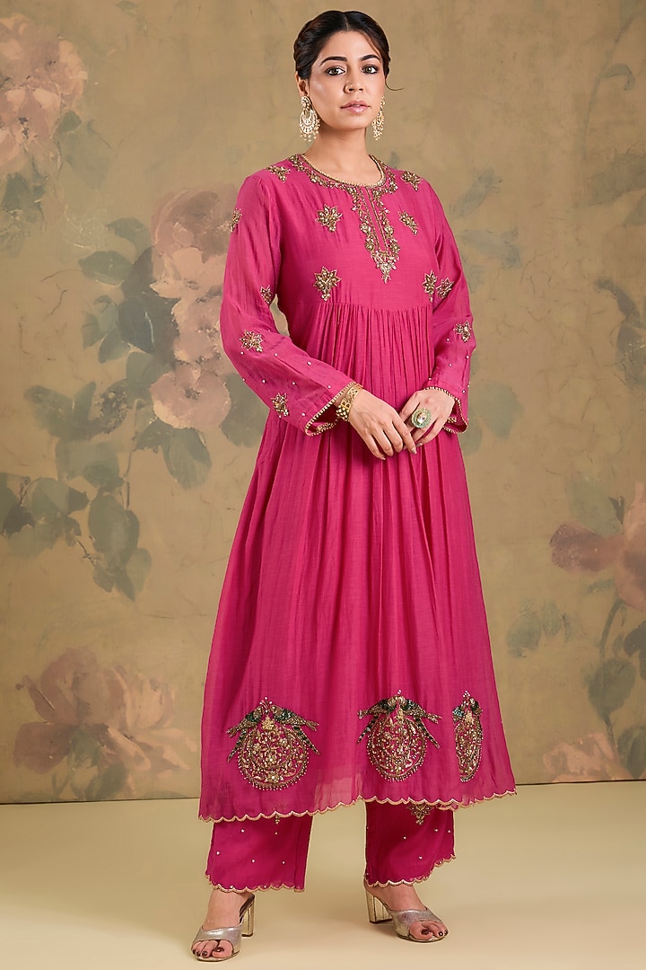 Magenta Mul Chanderi Cutdana Embroidered Wedding Anarkali Set by Studio A at Pernia's Pop Up Shop